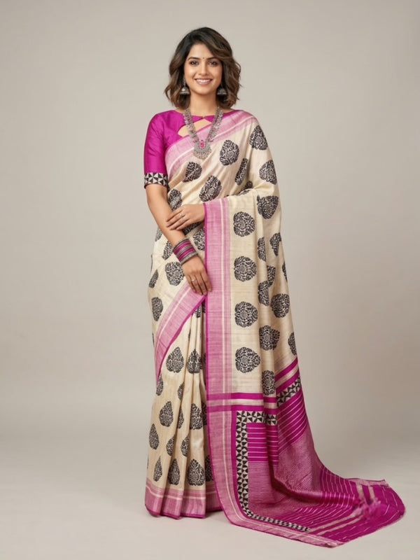 Nikia -Pure Tussar Silk Saree with Zari Border & Traditional Print