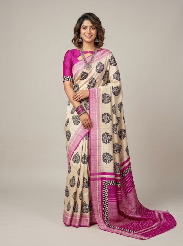 Nikia -Pure Tussar Silk Saree with Zari Border & Traditional Print