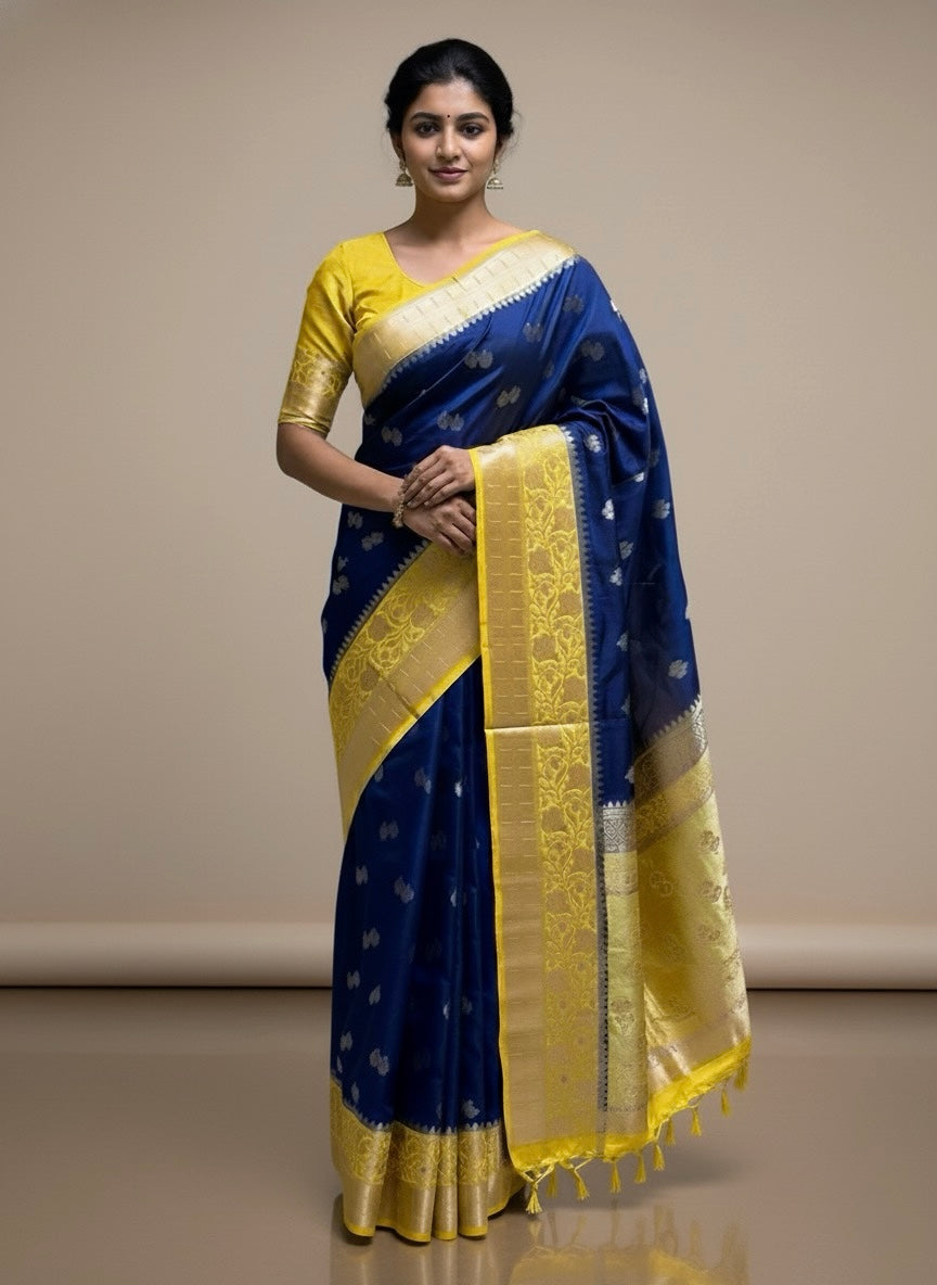 Varnika – Royal Blue Banarasi Katan Silk Saree with Contrast Minakari Border - Thugil