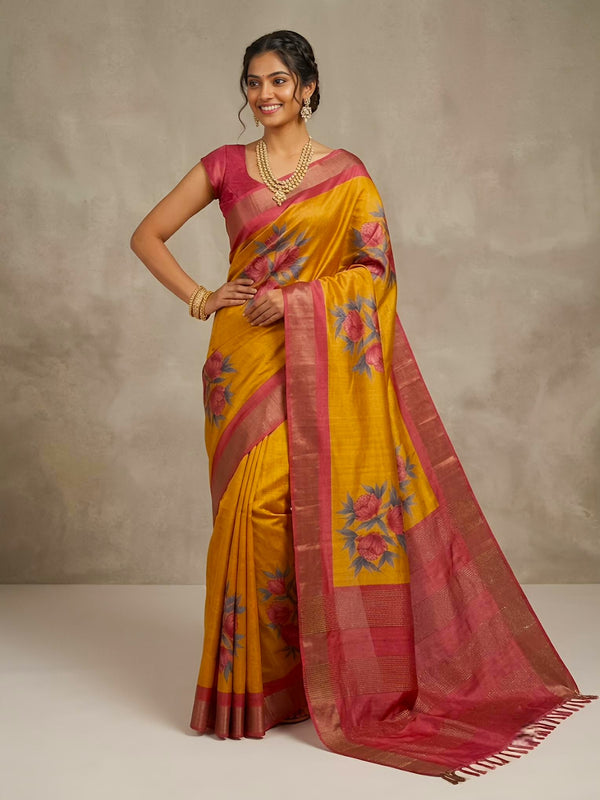 Fahana-Pure Tussar Silk Saree with Zari Border & Traditional Print