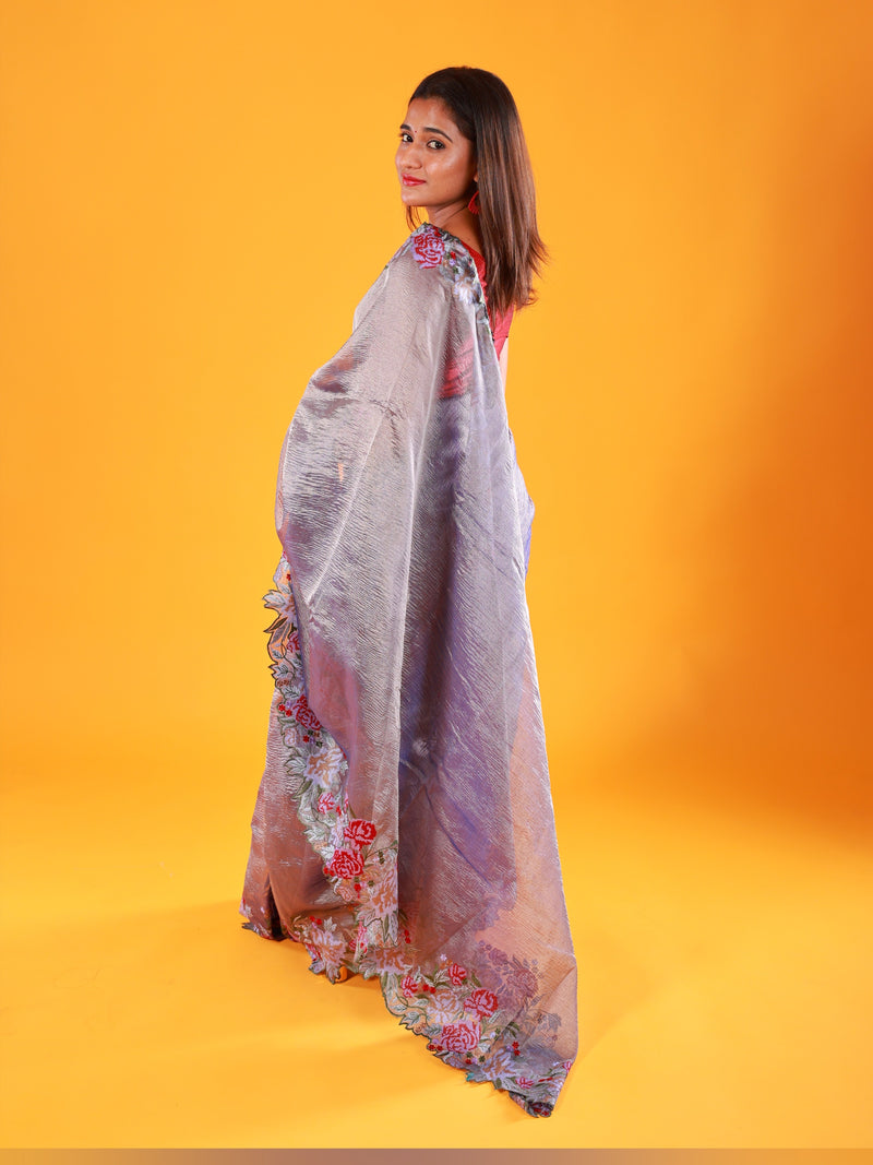 Grey Crush Tissue Saree with Embroidery - Thugil