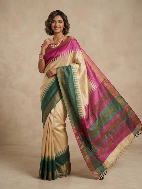 Nithra -Pure Tussar Silk Saree with Zari Border & Traditional Print