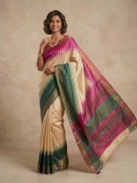 Nithra -Pure Tussar Silk Saree with Zari Border & Traditional Print