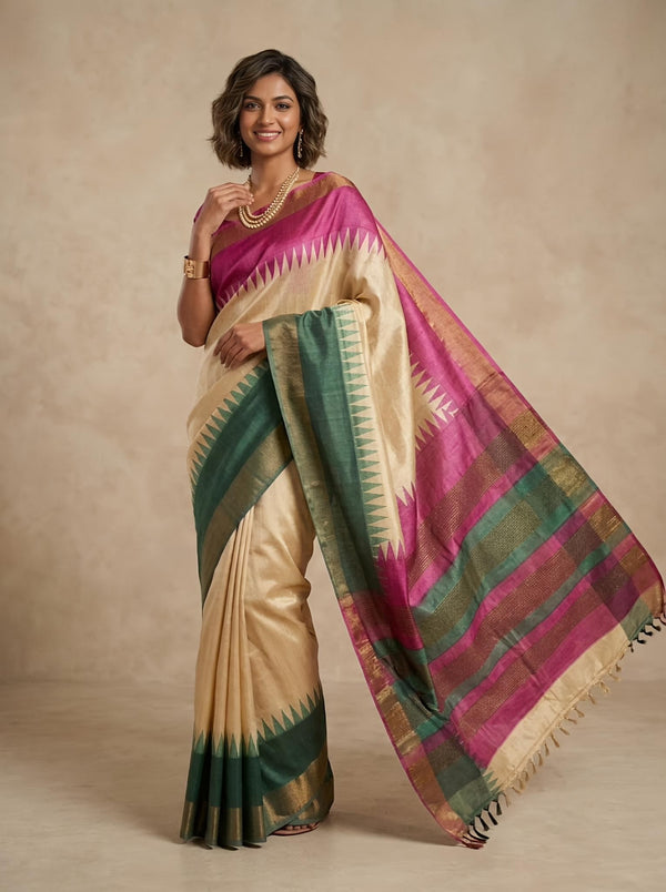 Nithra -Pure Tussar Silk Saree with Zari Border & Traditional Print