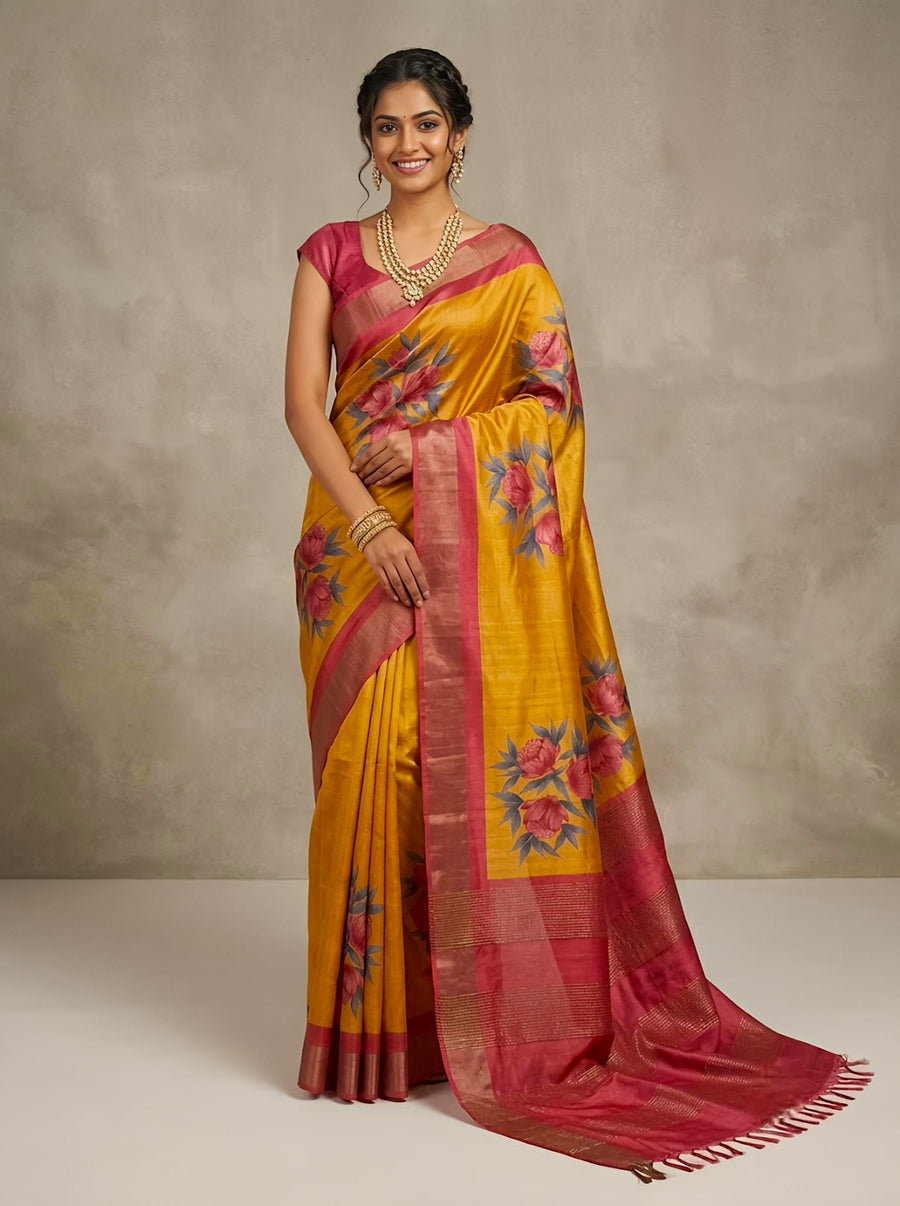 Fahana-Pure Tussar Silk Saree with Zari Border & Traditional Print