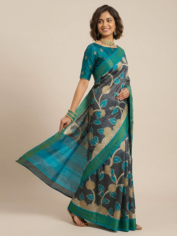 Magizhi-Pure Tussar Silk Saree with Zari Border & Traditional Print