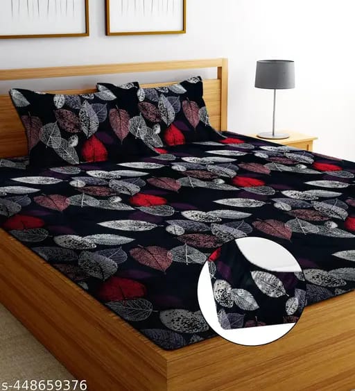 Super Soft Glace Cotton All Round Elastic Fitted Double Bed Bedsheet with 2 Pillow Covers-72x78x8