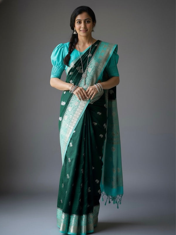 Brindha – Emerald Glow Banarasi Katan Silk Saree - Thugil