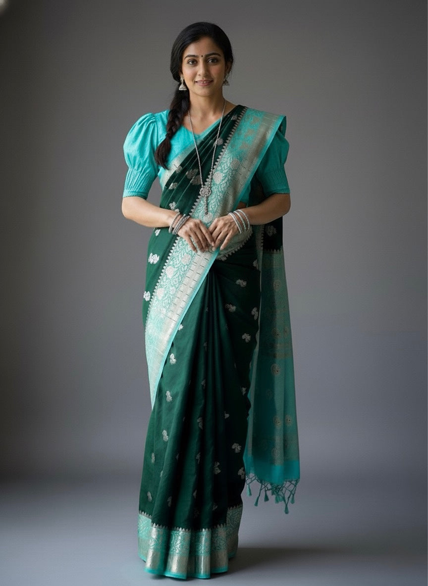 Brindha – Emerald Glow Banarasi Katan Silk Saree - Thugil
