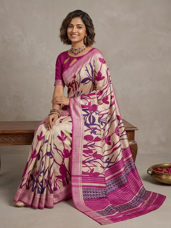 Tharagai-Pure Tussar Silk Saree with Zari Border & Traditional Print
