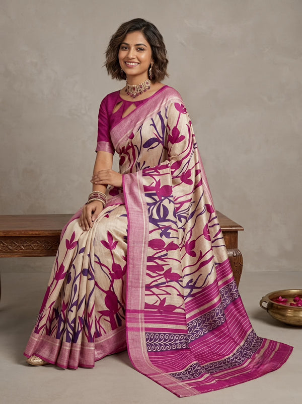 Tharagai-Pure Tussar Silk Saree with Zari Border & Traditional Print