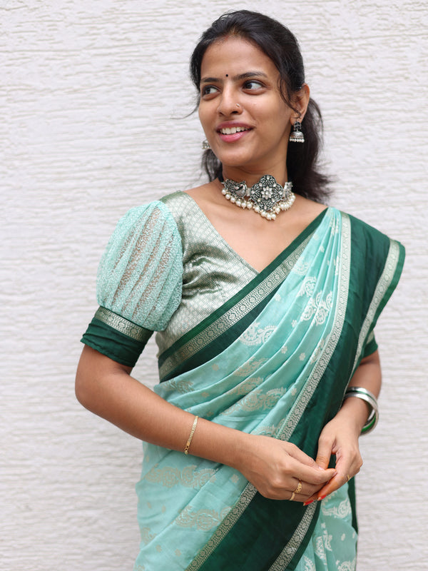 Warm Silk Saree with Contrast Border and Water Zari Work - Thugil