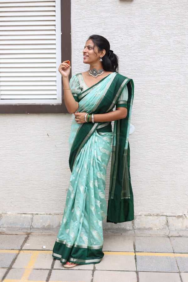 Warm Silk Saree with Contrast Border and Water Zari Work - Thugil