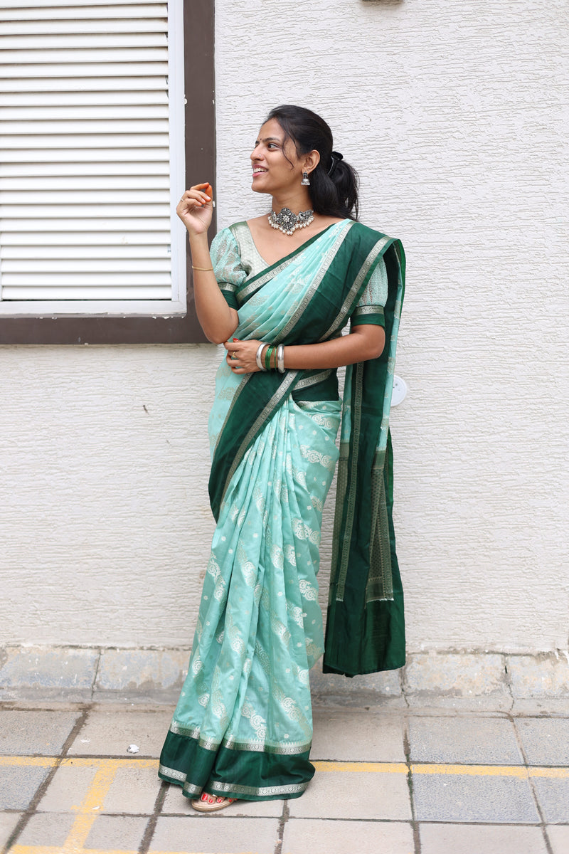 Warm Silk Saree with Contrast Border and Water Zari Work - Thugil