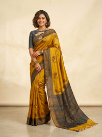 Manjini-Pure Tussar Silk Saree with Zari Border & Traditional Print