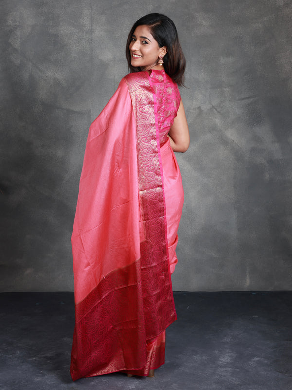 A Pink Saree adorned with a beautiful border - Thugil