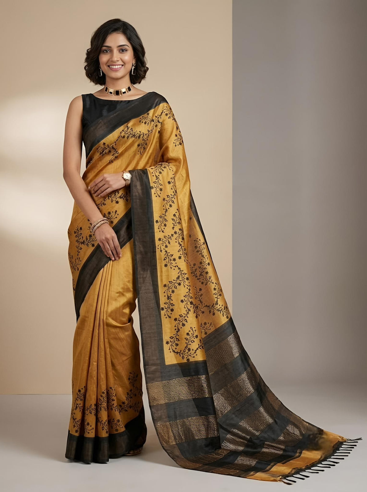 Harshini -Pure Tussar Silk Saree with Zari Border & Traditional Print
