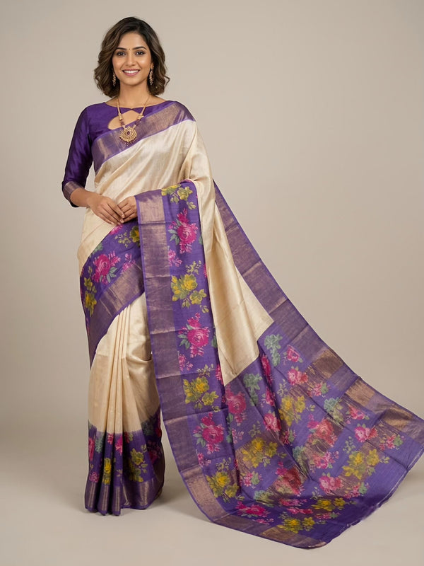 Sheedh-Pure Tussar Silk Saree with Zari Border & Traditional Print