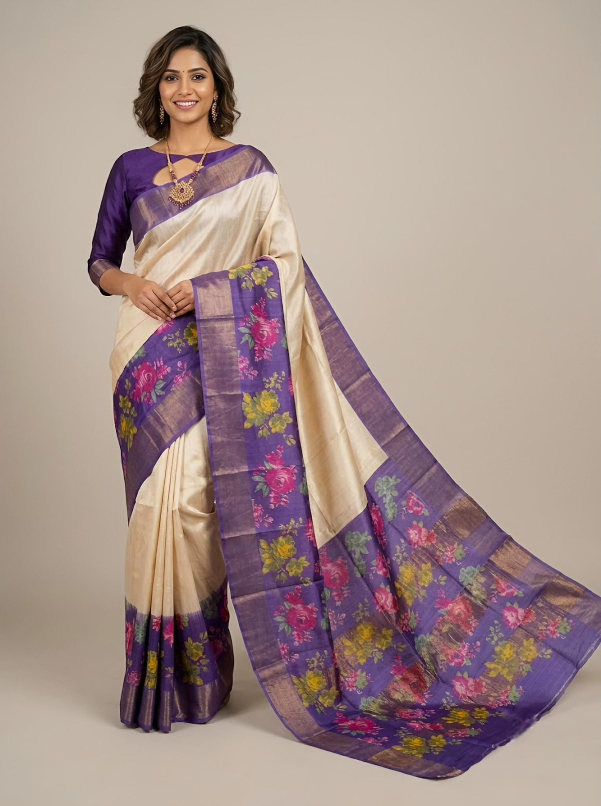 Sheedh-Pure Tussar Silk Saree with Zari Border & Traditional Print