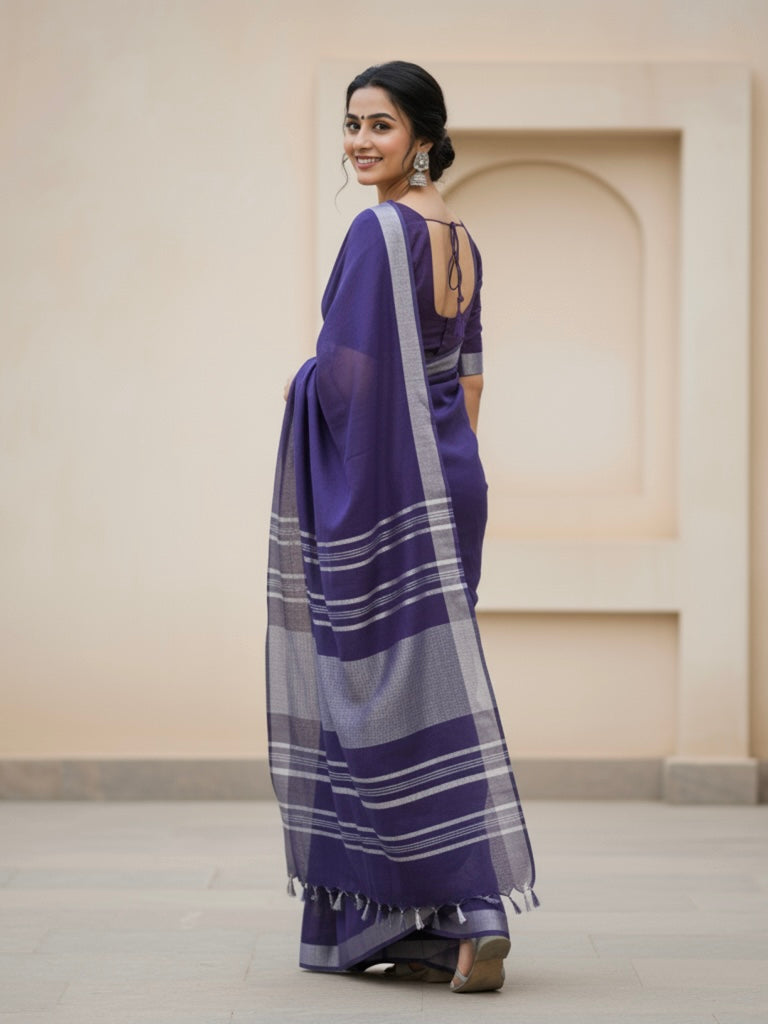 Nisha Semi Linen Summer Saree with Silver Stripes - Thugil