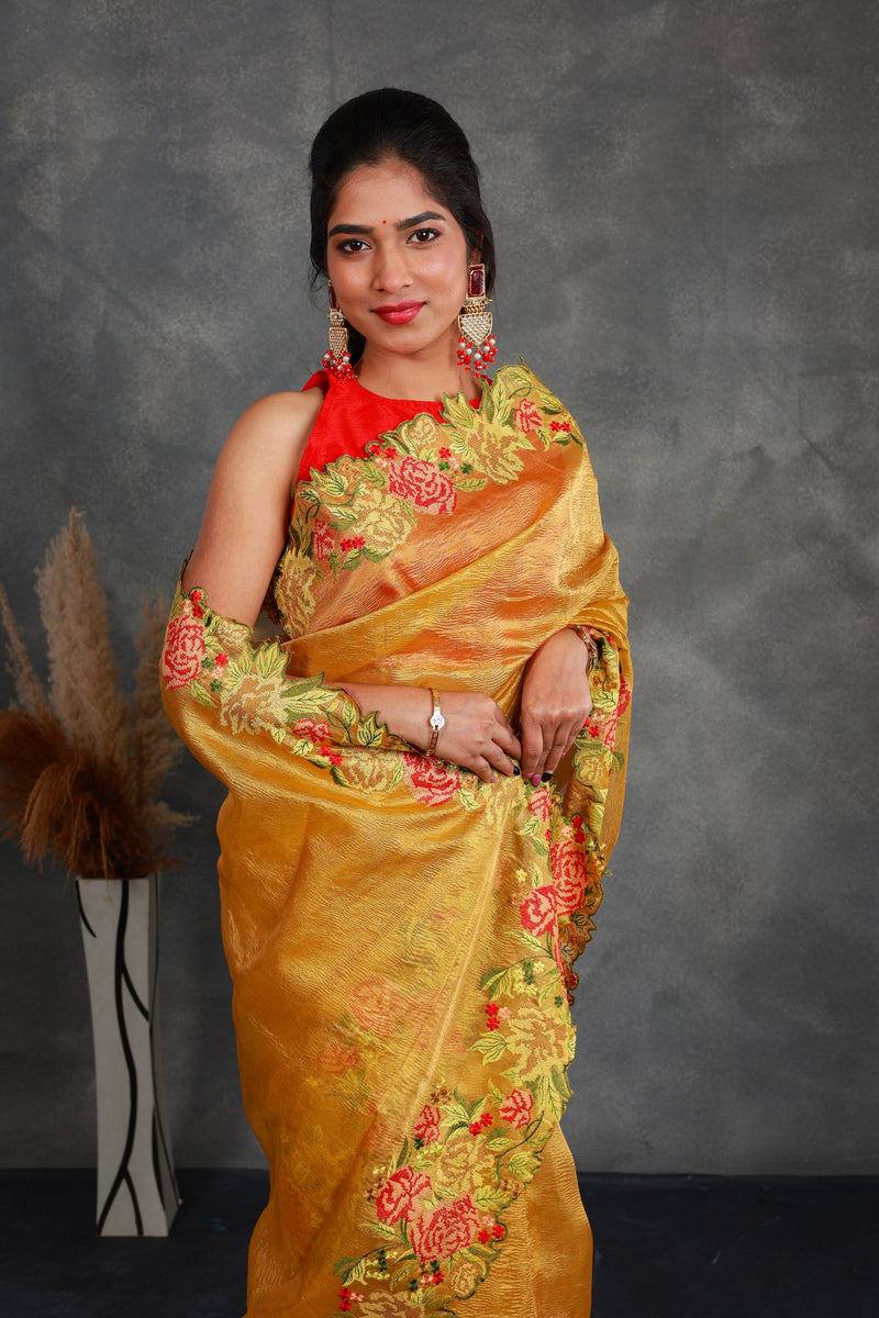 Mustard Crush Tissue Saree with Embroidery - Thugil