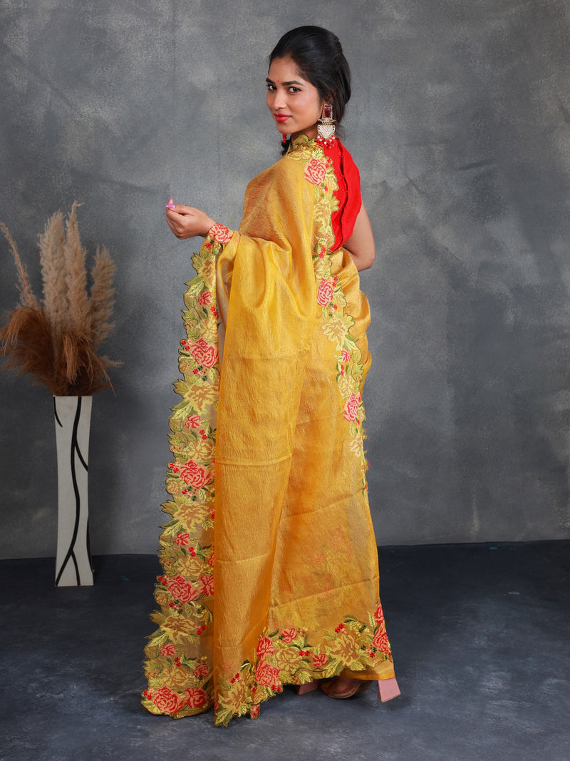 Mustard Crush Tissue Saree with Embroidery - Thugil