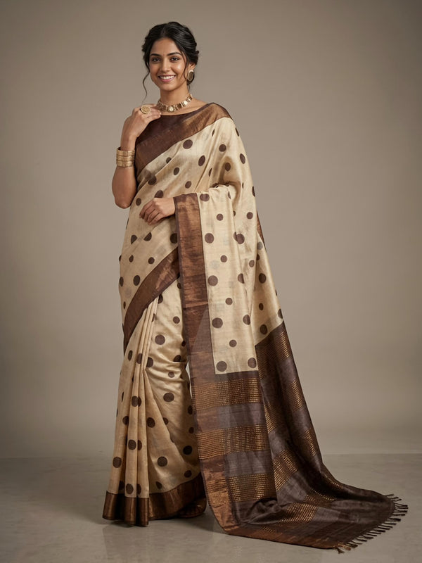 Raisa -Pure Tussar Silk Saree with Zari Border & Traditional Print