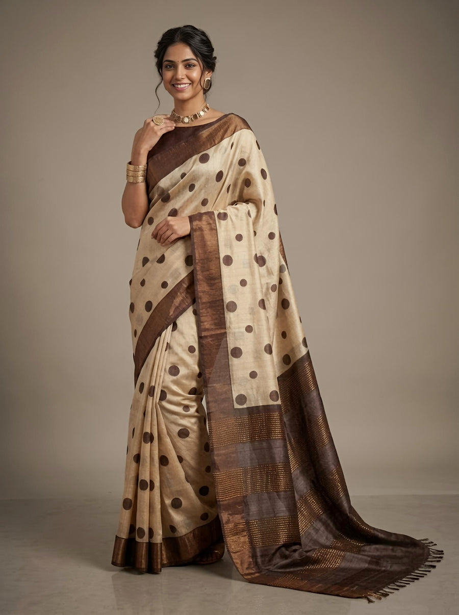 Raisa -Pure Tussar Silk Saree with Zari Border & Traditional Print