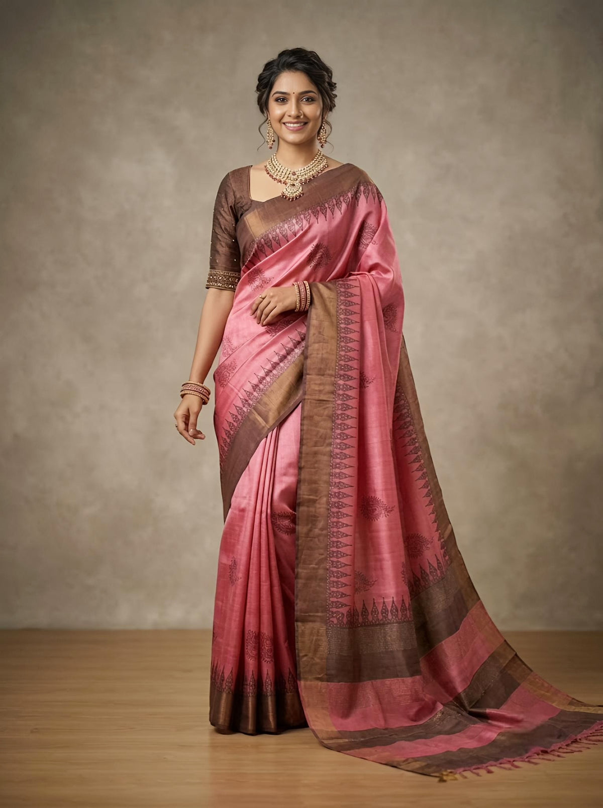 Raina -Pure Tussar Silk Saree with Zari Border & Traditional Print