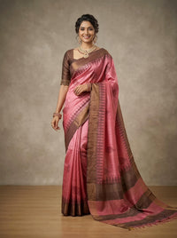 Raina -Pure Tussar Silk Saree with Zari Border & Traditional Print