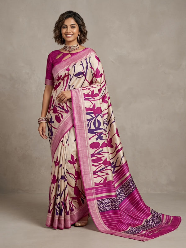 Tharagai-Pure Tussar Silk Saree with Zari Border & Traditional Print
