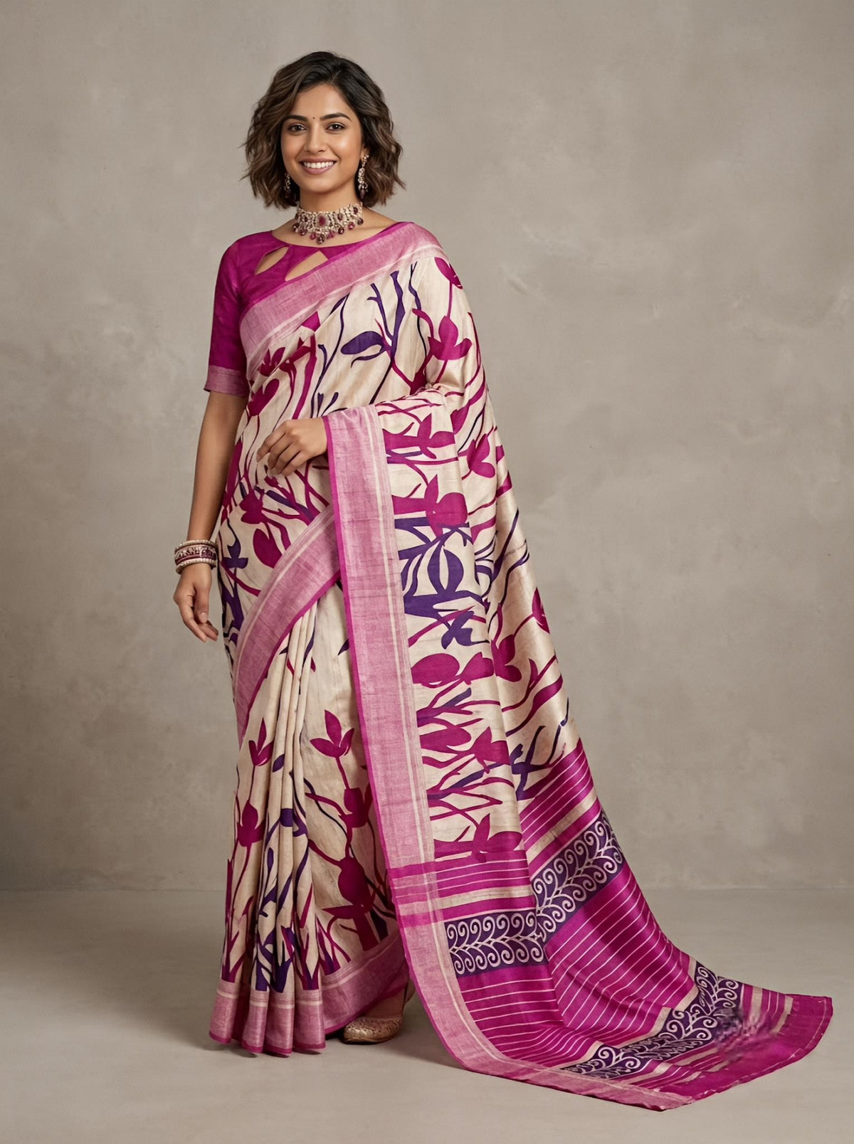 Tharagai-Pure Tussar Silk Saree with Zari Border & Traditional Print