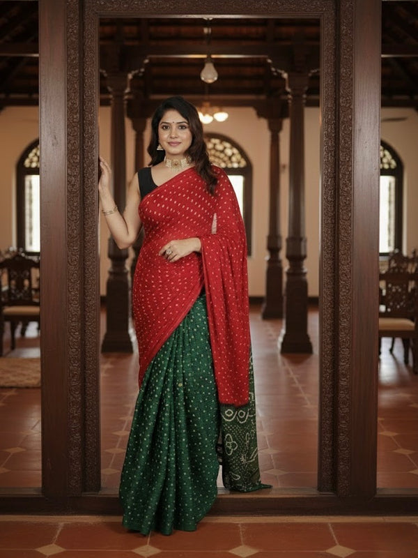 Namitha – Pure Modal Silk Dual-Tone Bandhini Saree with Tissue Pallu - Thugil