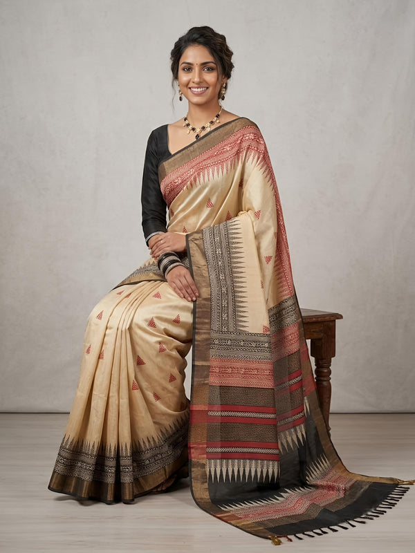 Nimishalini -Pure Tussar Silk Saree with Zari Border & Traditional Print