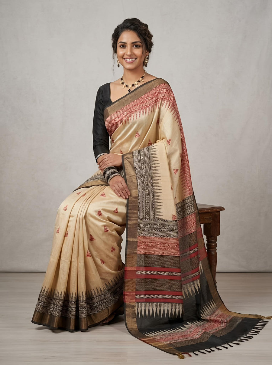 Nimishalini -Pure Tussar Silk Saree with Zari Border & Traditional Print