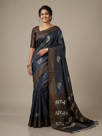 Anbaazhi -Pure Tussar Silk Saree with Zari Border & Traditional Print