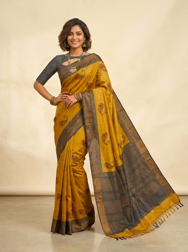 Manjini-Pure Tussar Silk Saree with Zari Border & Traditional Print