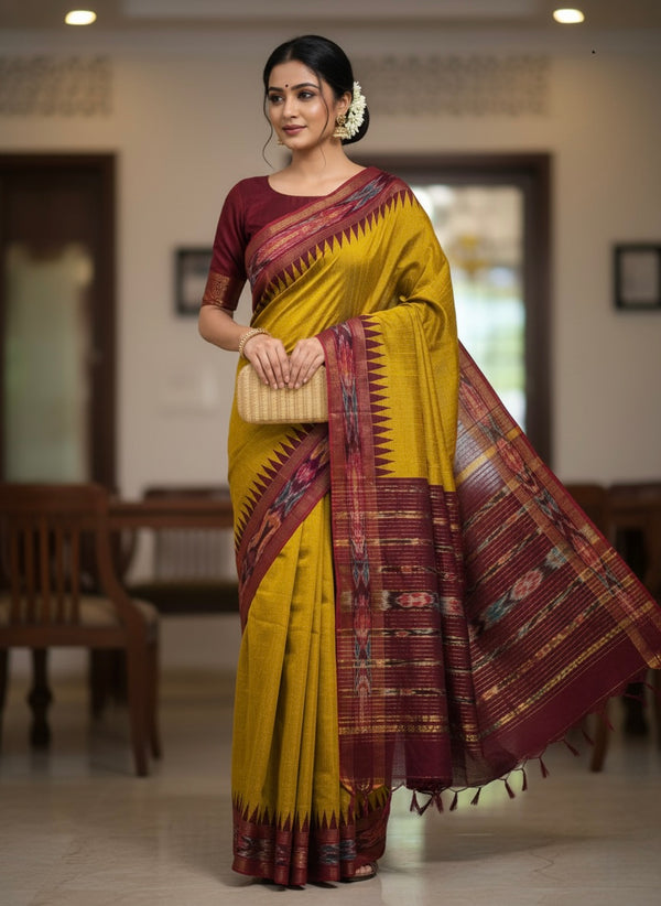 Punya – Pure Raw Silk Pochampally Saree with Temple Ikkat Border & Pallu - Thugil