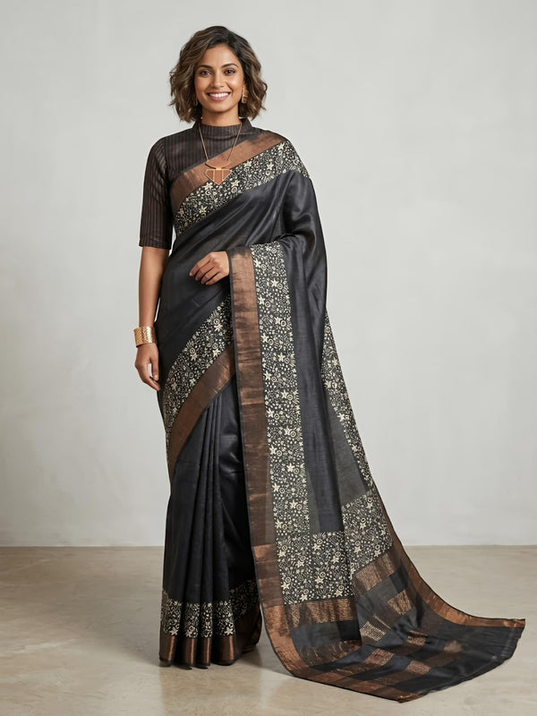 Solai-Pure Tussar Silk Saree with Zari Border & Traditional Print