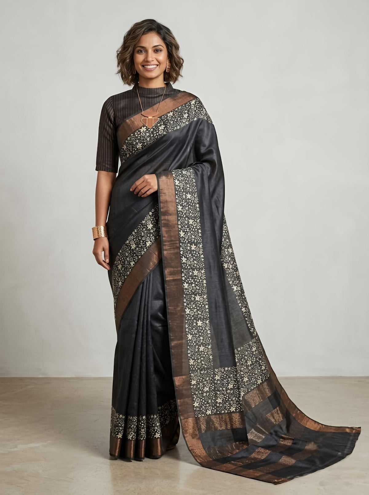 Solai-Pure Tussar Silk Saree with Zari Border & Traditional Print