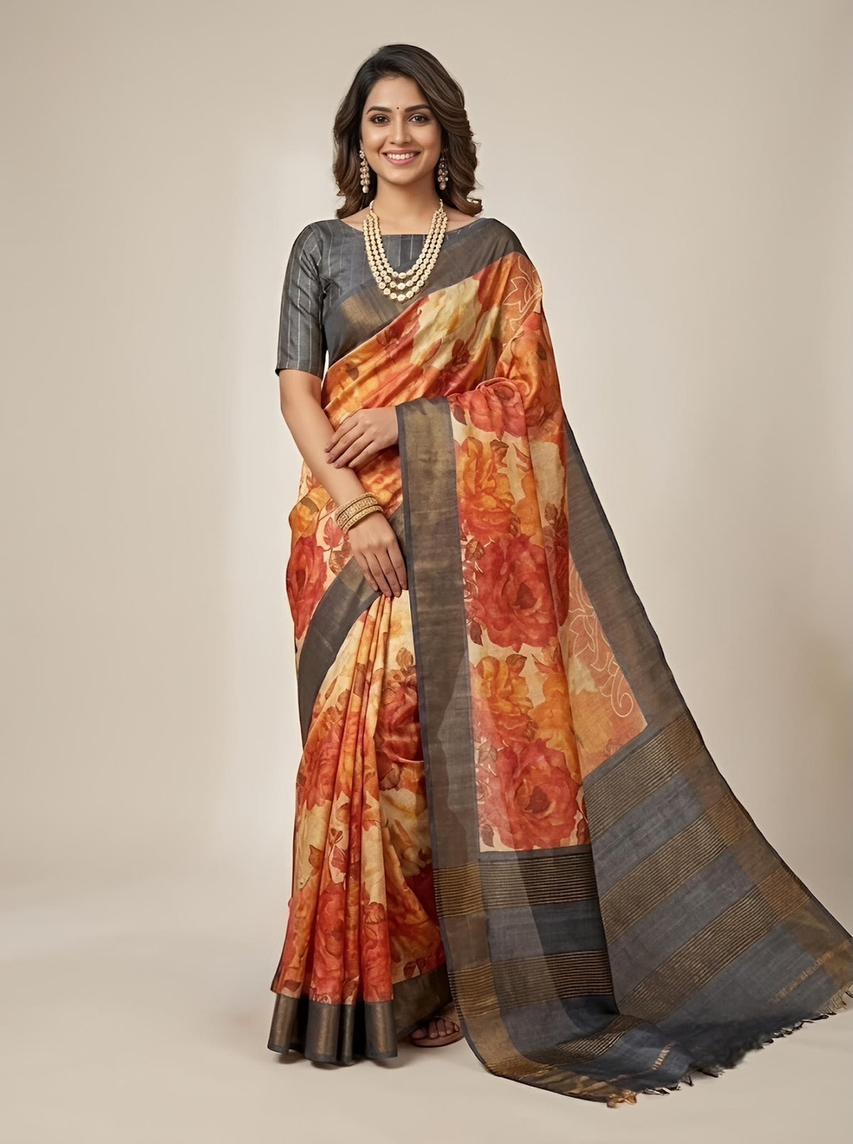 Nayara -Pure Tussar Silk Saree with Zari Border & Traditional Print