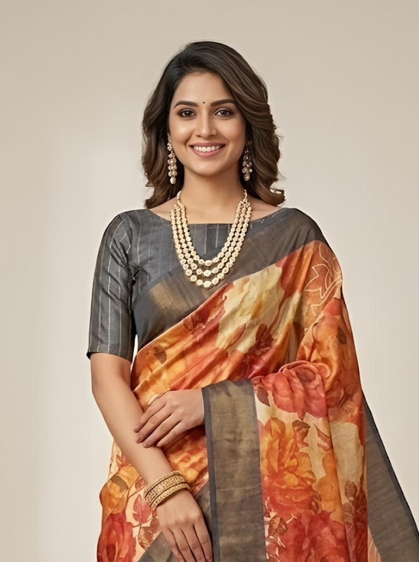 Nayara -Pure Tussar Silk Saree with Zari Border & Traditional Print