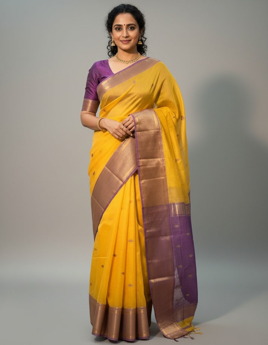 Aarya Maheshwari Handloom Saree - Golden Yellow with Purple Border