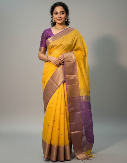 Aarya Maheshwari Handloom Saree - Golden Yellow with Purple Border