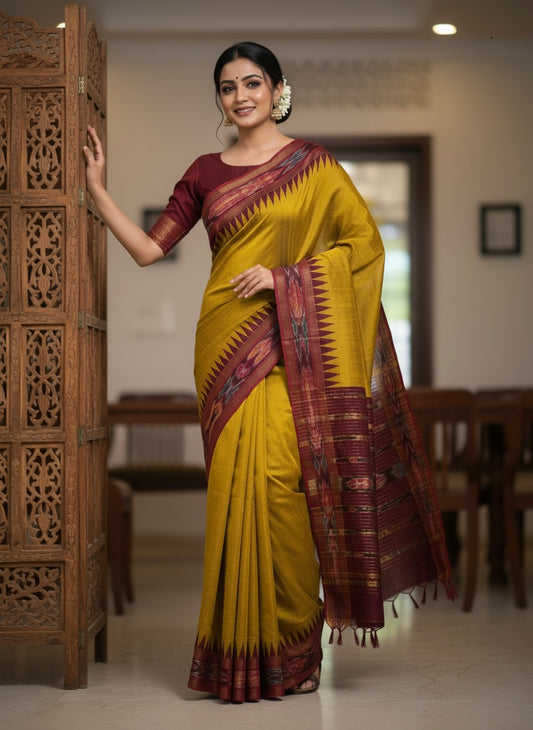 Punya – Pure Raw Silk Pochampally Saree with Temple Ikkat Border & Pallu