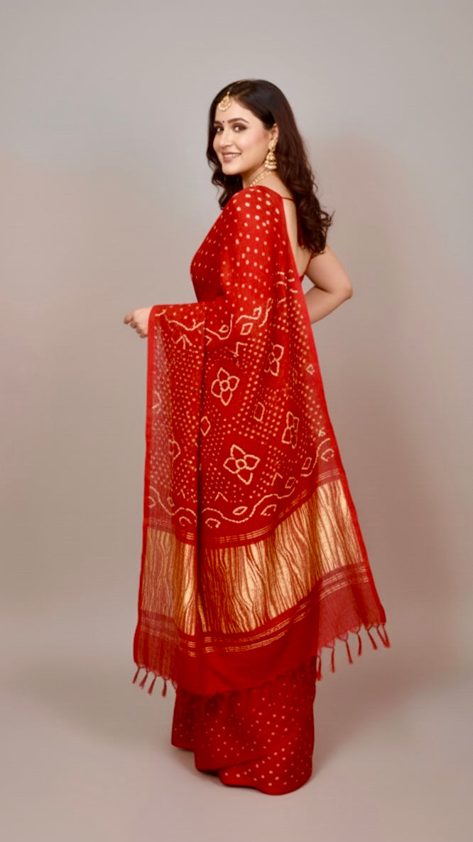 Rudrakshi Modal Silk  Bandhani Saree With Tissue Pallu