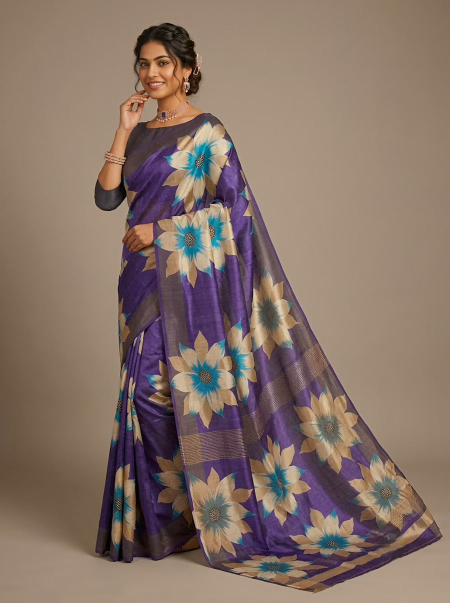 Maegni -Pure Tussar Silk Saree with Zari Border & Traditional Print