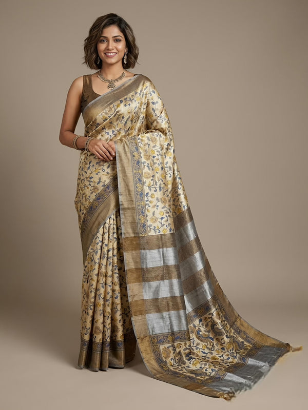 Neetu-Pure Tussar Silk Saree with Zari Border & Traditional Print