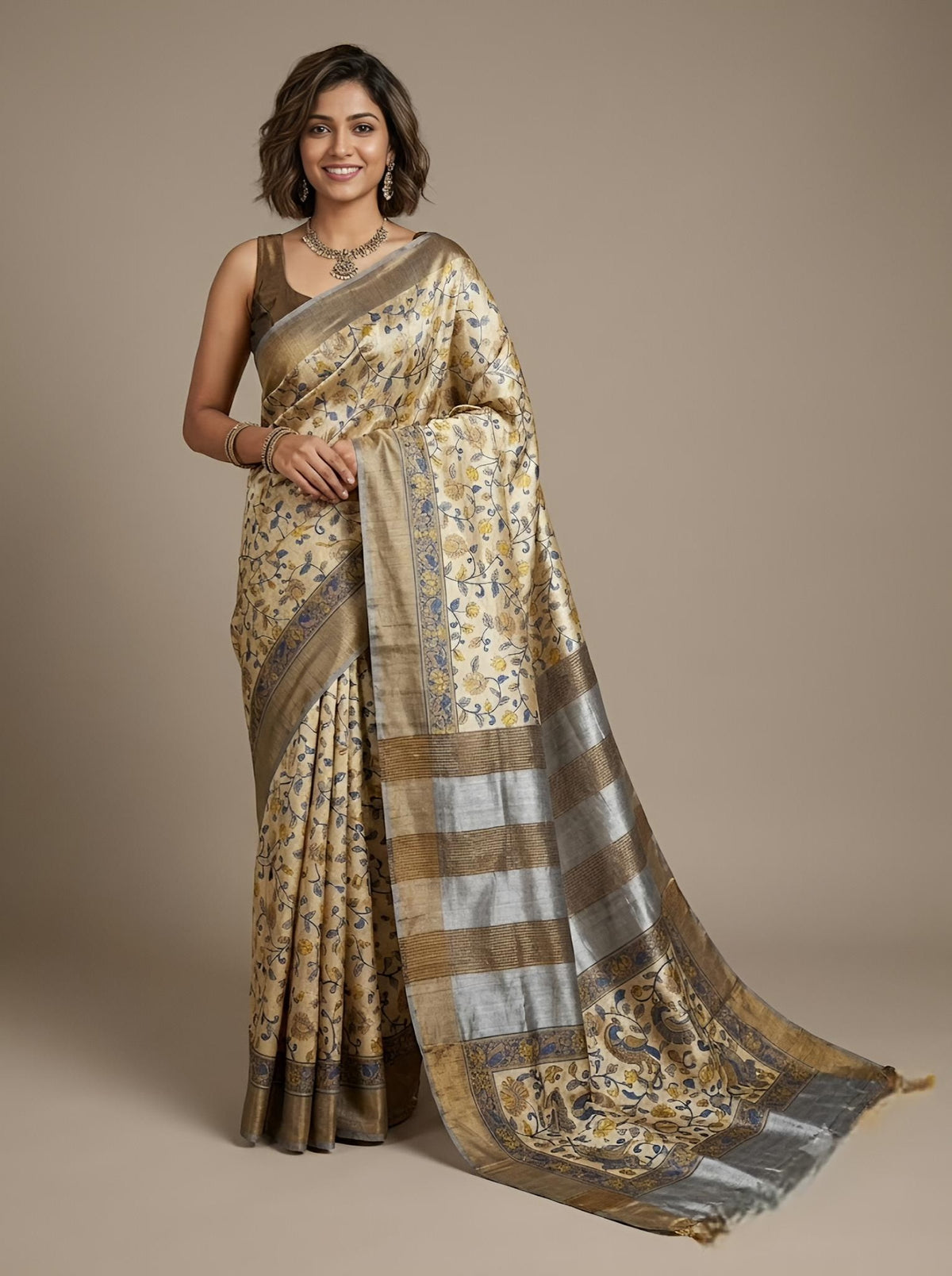 Neetu-Pure Tussar Silk Saree with Zari Border & Traditional Print
