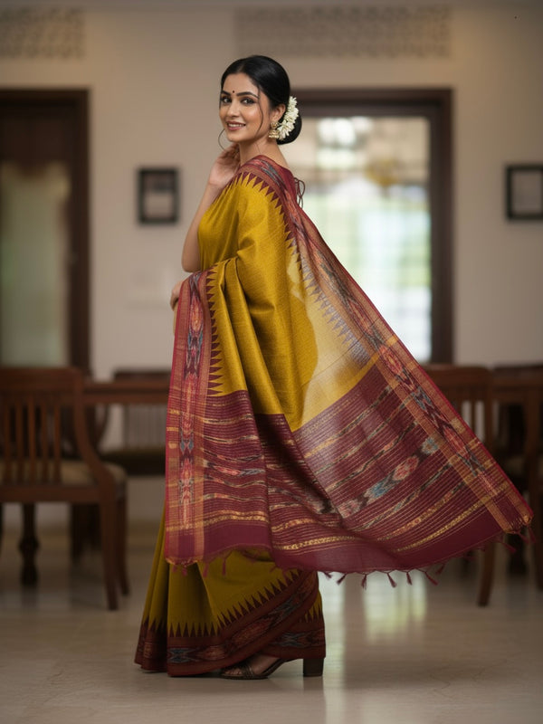 Punya – Pure Raw Silk Pochampally Saree with Temple Ikkat Border & Pallu - Thugil